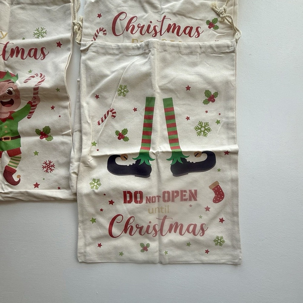 Large Christmas Holiday Gift  Bag Elf Lot Of‎ 3 Ivory Color 24 Inches Cloth. - Picture 3 of 8